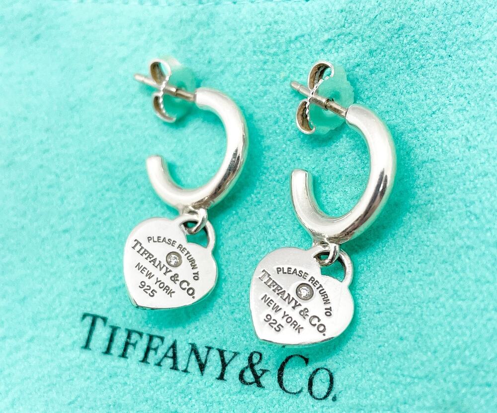 Tiffany & Co Return to Tiffany Mini Diamond Heart Hoop Earrings Sterling Silver